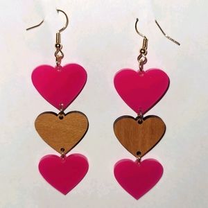 Bright Pink and Wooden Heart Earrings